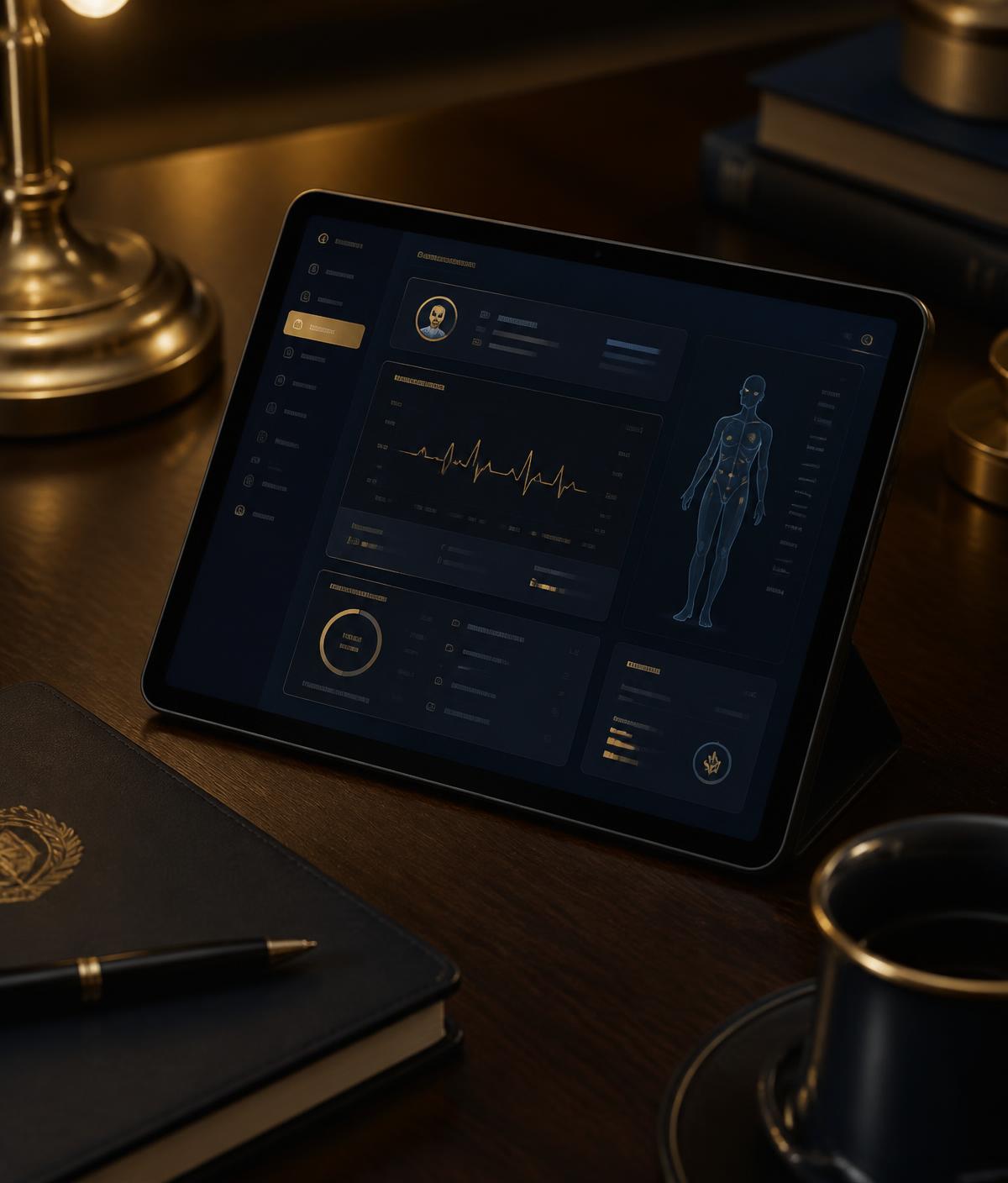 Tablet showing a Mavarid clinical dashboard on a walnut desk lit by a brass lamp