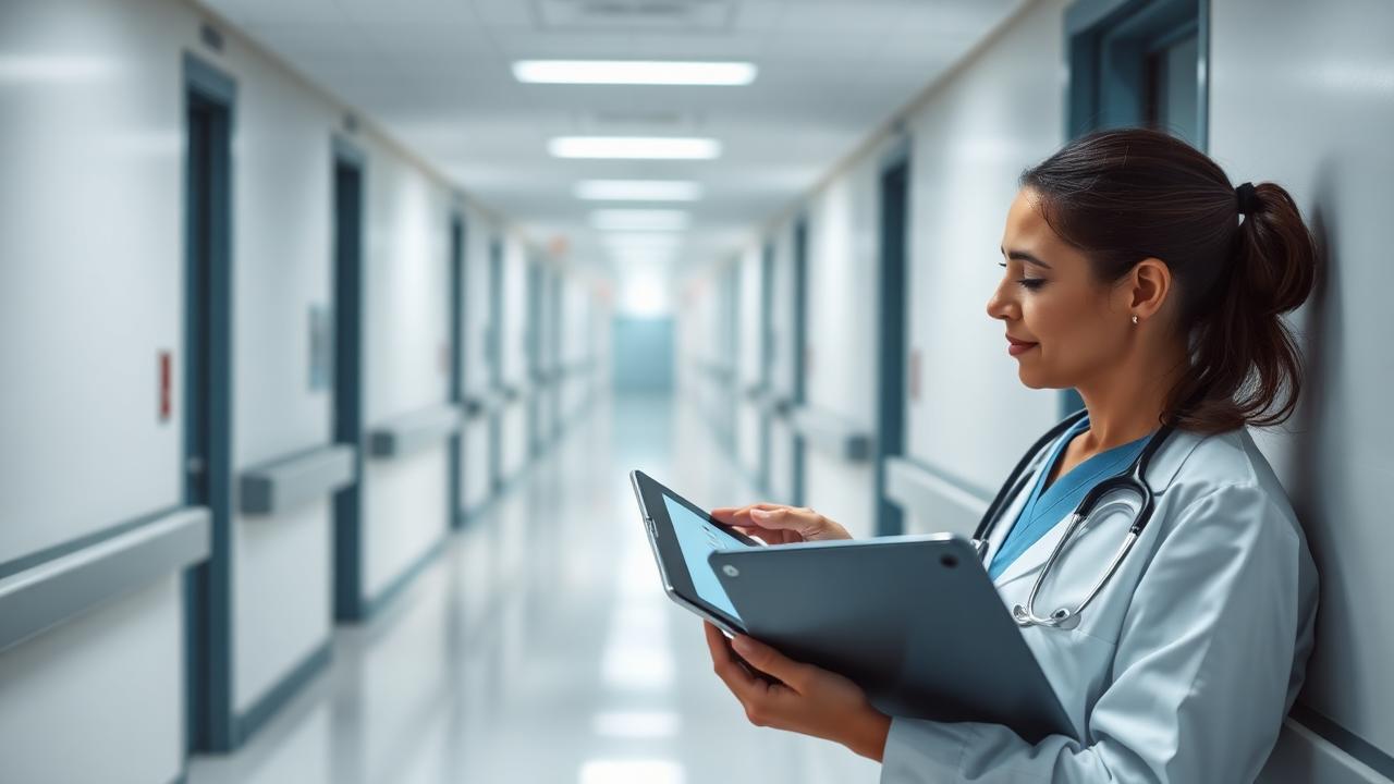 Clinician reviewing a patient chart on a tablet in a hospital corridor