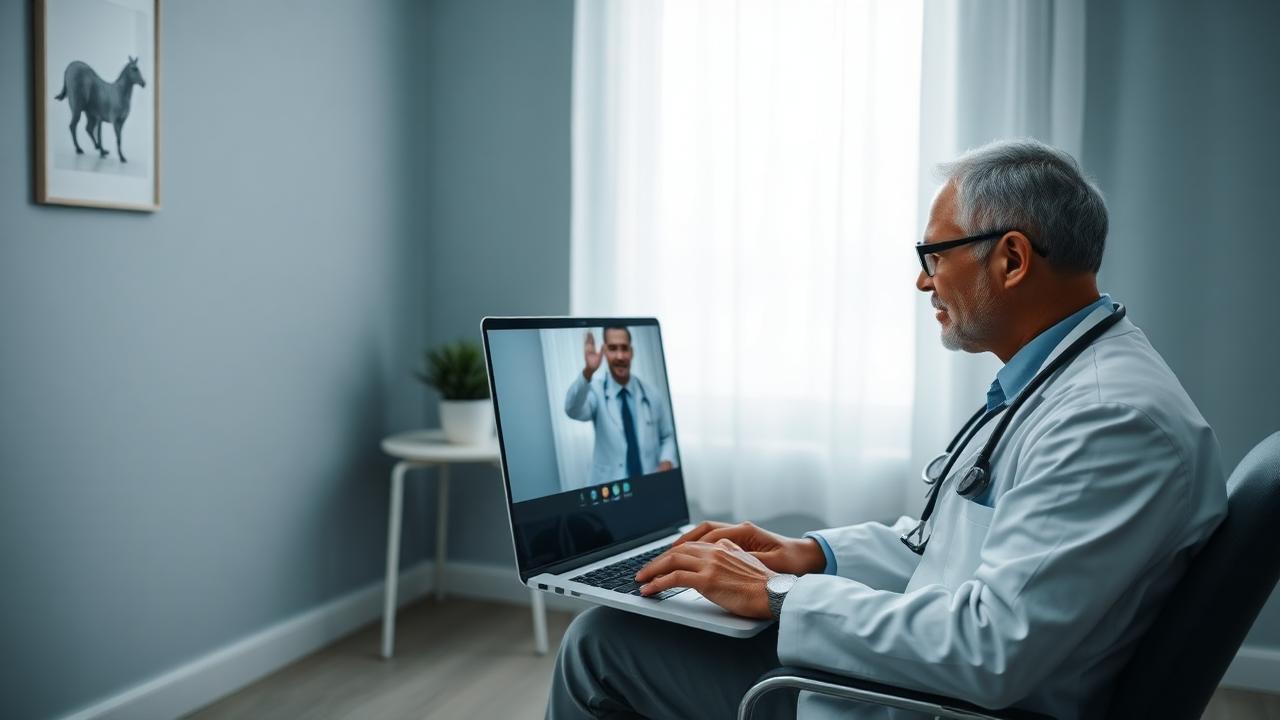 Doctor holding a video consultation from a clinic room