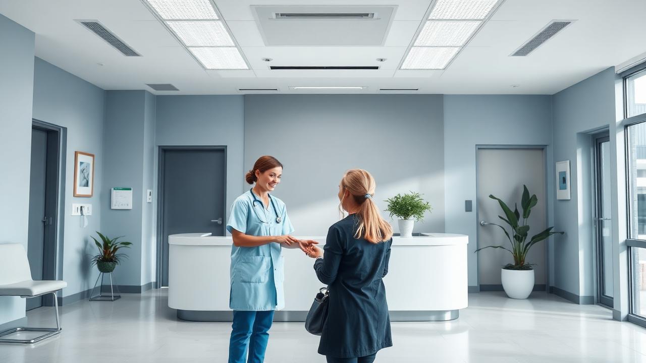 Nurse greeting a patient at a bright outpatient clinic reception