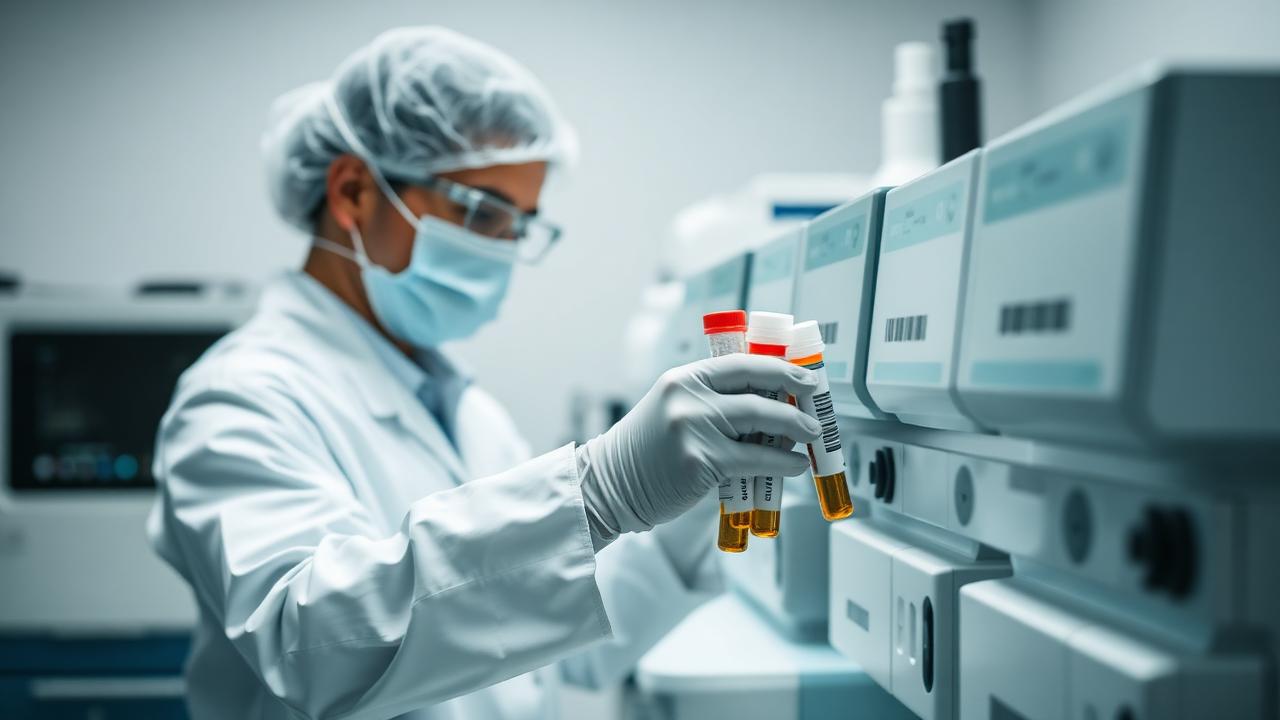 Laboratory technician handling barcoded specimen tubes beside analysers