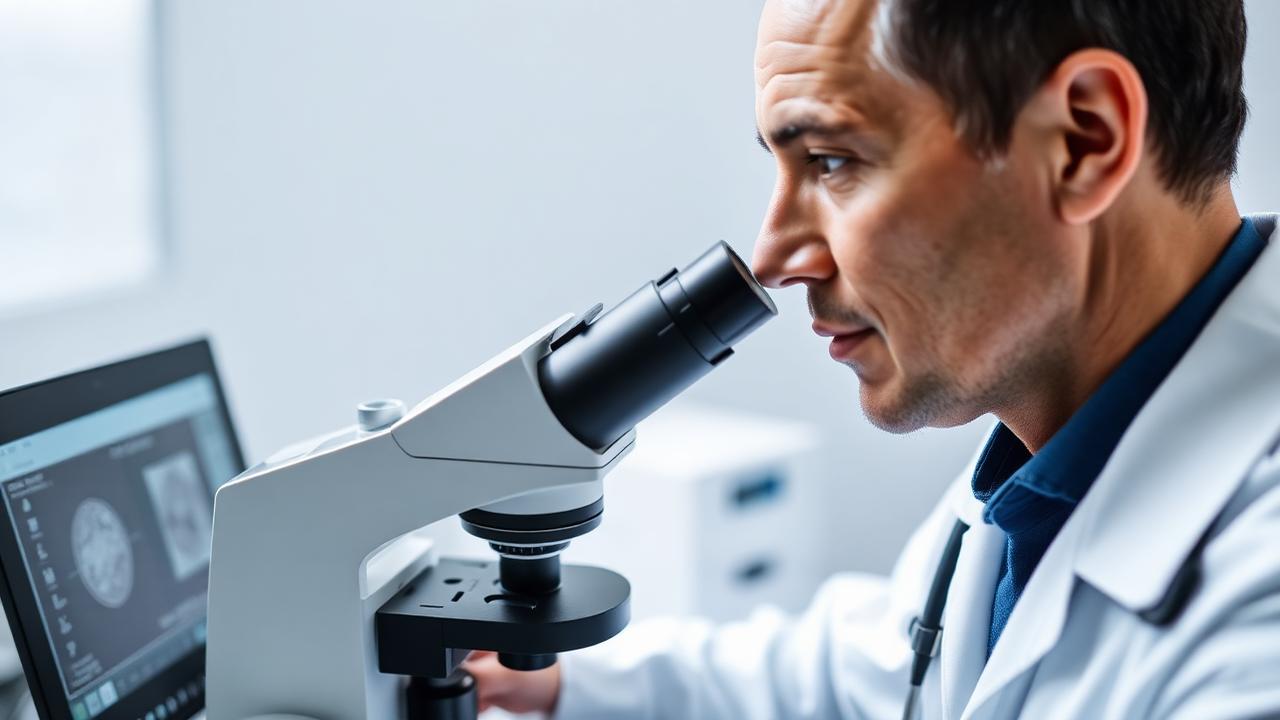 Pathologist examining tissue slides at a microscope